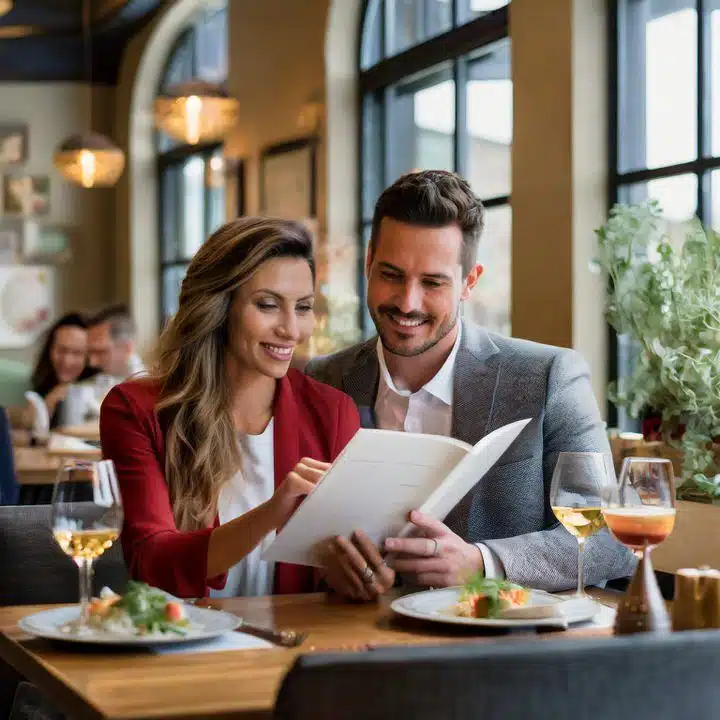 Inspiración Premium: Tips y Ejemplos para Diseñar tu Carta de Restaurante 4 Firefly An award winning color photograph of a European couple sitting in a modern restaurant happi
