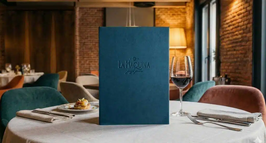 Cartas para restaurantes 12 Portamenú azul de La Máquina con logo grabado, fabricado a mano por Kartia