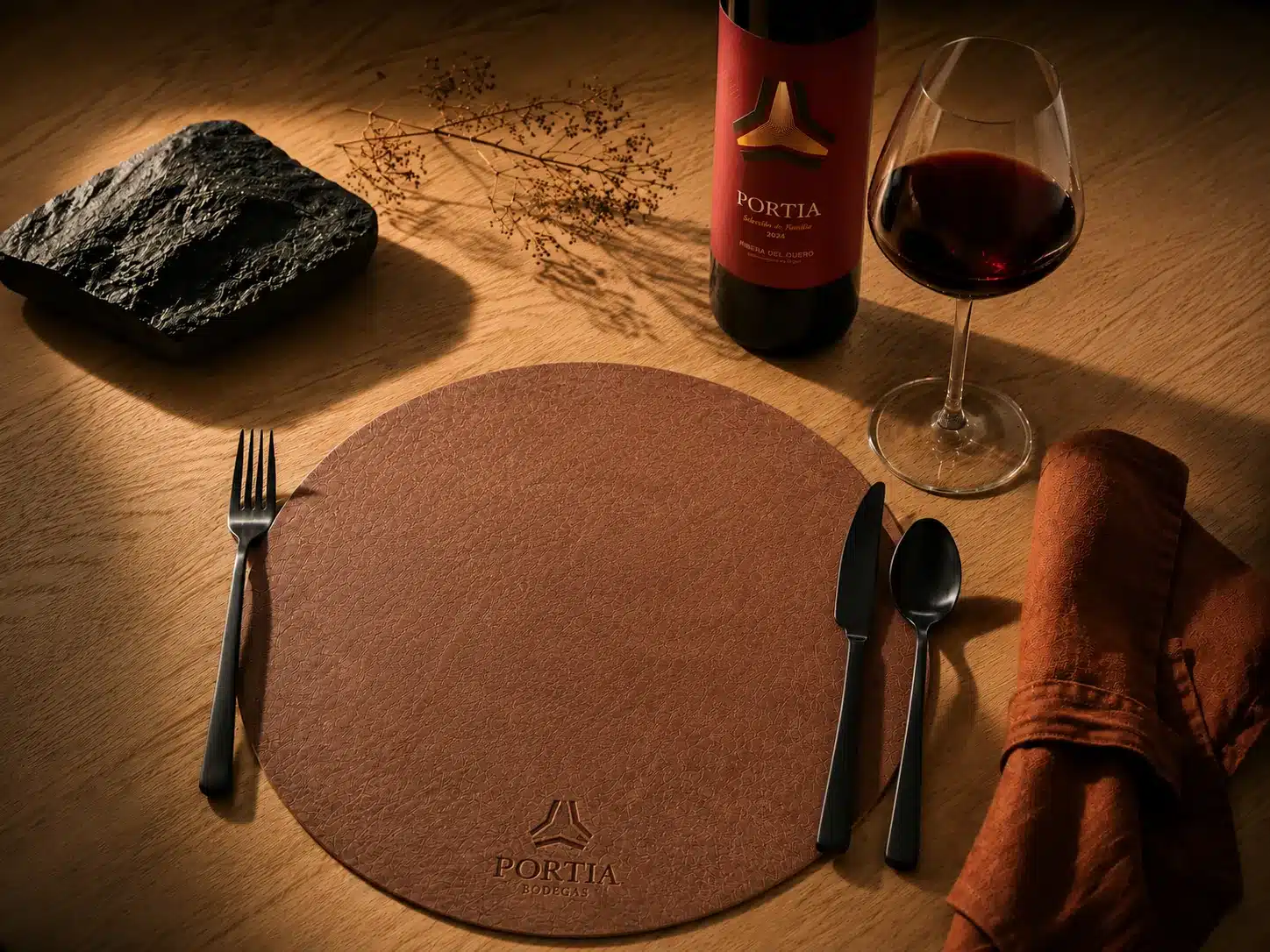 Bajoplatos personalizados de polipiel: así fabricamos los salvamanteles con logotipo de Bodegas Portia 6 Bajoplato a medida de polipiel marrón tostado con cubertería negra y vino de Ribera del Duero