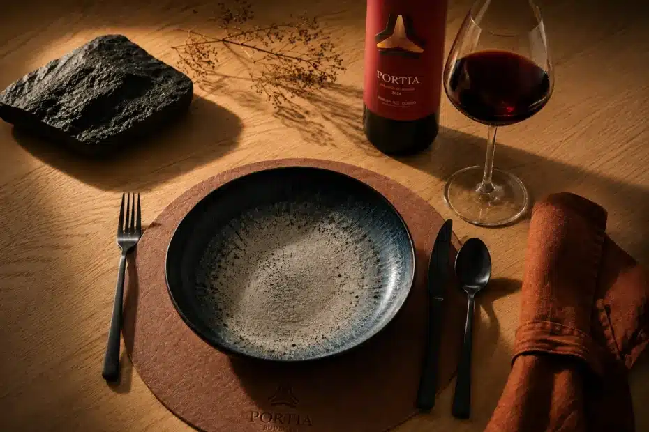 Bajoplato personalizado de polipiel con logotipo grabado de Bodegas Portia en mesa de restaurante